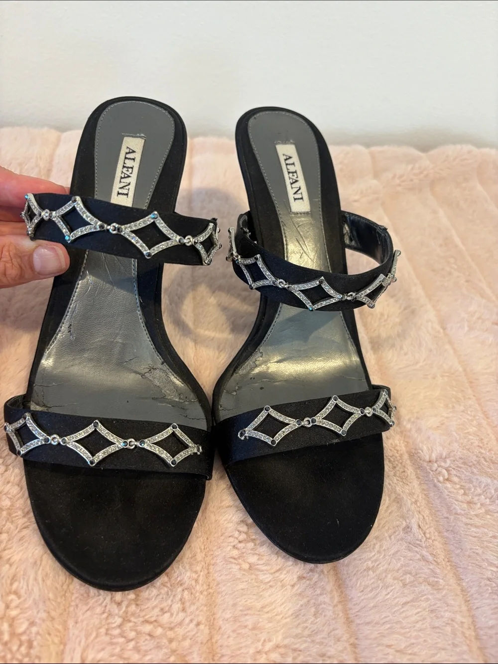 Alfani Black Satin Crystal-Accent High Heel Slides